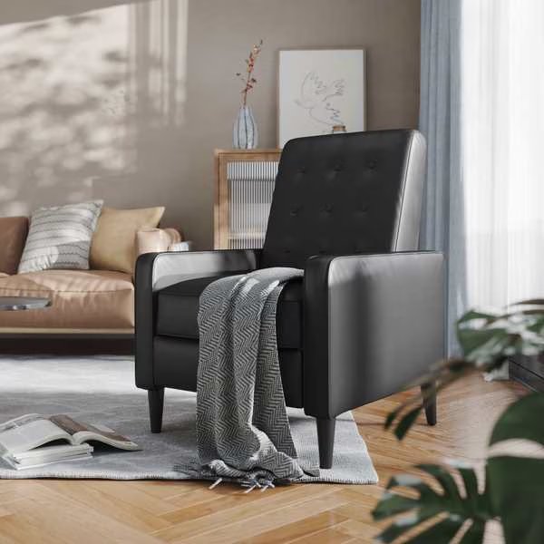 Ezra Mid-Century Modern LeatherSoft Upholstered Button Tufted Pushback Recliner in Black, Flash Furniture, Mfr#: SG-SX-80415N-BK-GG